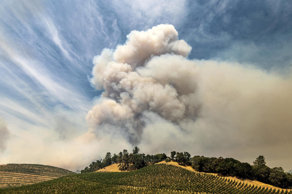 A plume rises over a vineyard in unincorporated Napa County as the Hennessey Fire burns on Tuesday, Aug. 18, 2020.  A winery family member said they had spent 10 hours Monday rebounding the cabin's foundation. Fire crews across the region scrambled to contain dozens of blazes sparked by lightning strikes as a statewide heat wave continues. (AP Photo/Noah Berger)