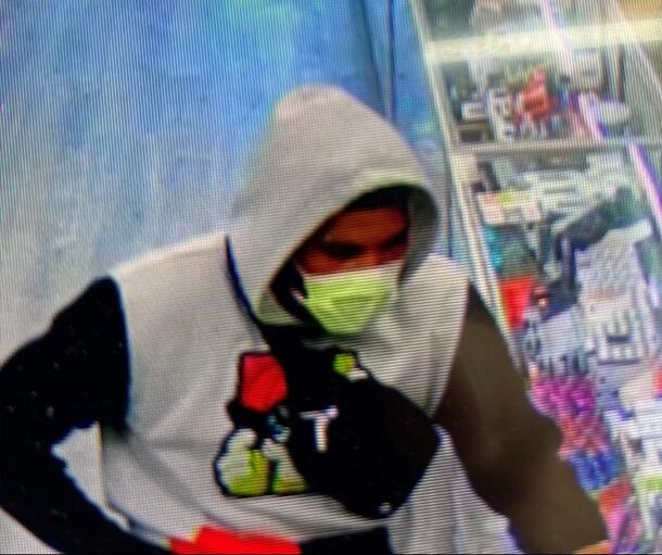 This surveillance image shows a person robbing a business on Southwest Boulevard in Rohnert Park Thursday, May 18, 2023. The incident forced nearby schools to go on lockdown. (Rohnert Park Department of Public Safety)