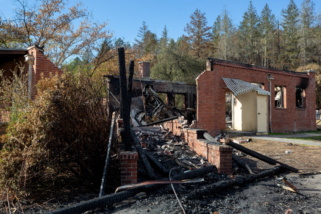 A building that was formerly the kitchen and mess hall for the Knights of Pythias, but recently was used as storage for Sonoma County Fire Protection District, burned down during the Glass fire, at the county's Los Guilicos campus in Santa Rosa on Friday, Oct. 9, 2020. (Alvin A.H. Jornada / The Press Democrat)