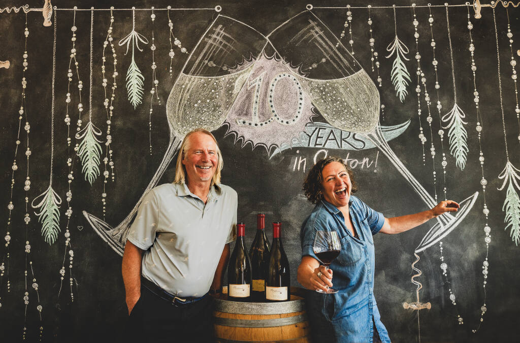 Mat and Barb Gustafson are the co-vintners of Paul Mathew Vineyards, a boutique winery with a tasting room in Graton. The couple said their business works like clockwork: Mat makes the wine and Barb sells it. (John Burgess / The Press Democrat)