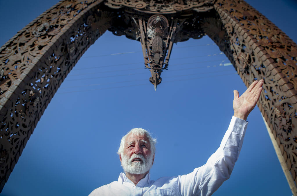 “It was a labor of love,” artist David Best said at the ribbon cutting of his River Arch sculpture. “This is about family. Petaluma is a family. It was an honor.” (Crissy Pascual / Petaluma Argus-Courier)