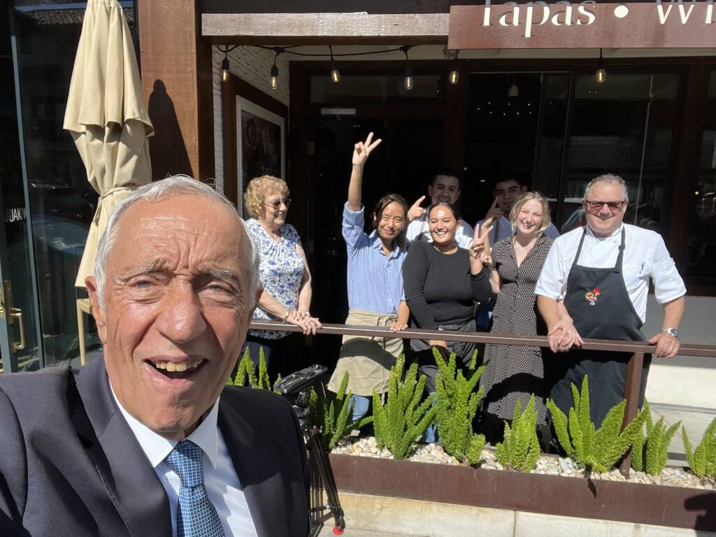 The President of Portugal Marcelo Rebelo de Sousa takes a selfie with the staff of Tasca Tasca, a Portuguese restaurant in the city of Sonoma on Tuesday, Sept. 27, 2022. (Marcelo Rebelo de Sousa)
