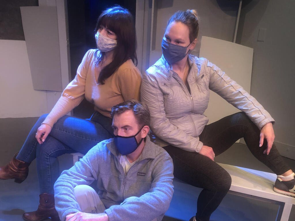 “Multiverse,” by Wendy Gough Soroka of Los Angeles, stars (from left) Angela Squire, Andrew Patton and Caitlin Strom-Martin. The play is one of 10 included the Left Edge Theatre’s Hindsight 2022 festival. (Sandra Ish)