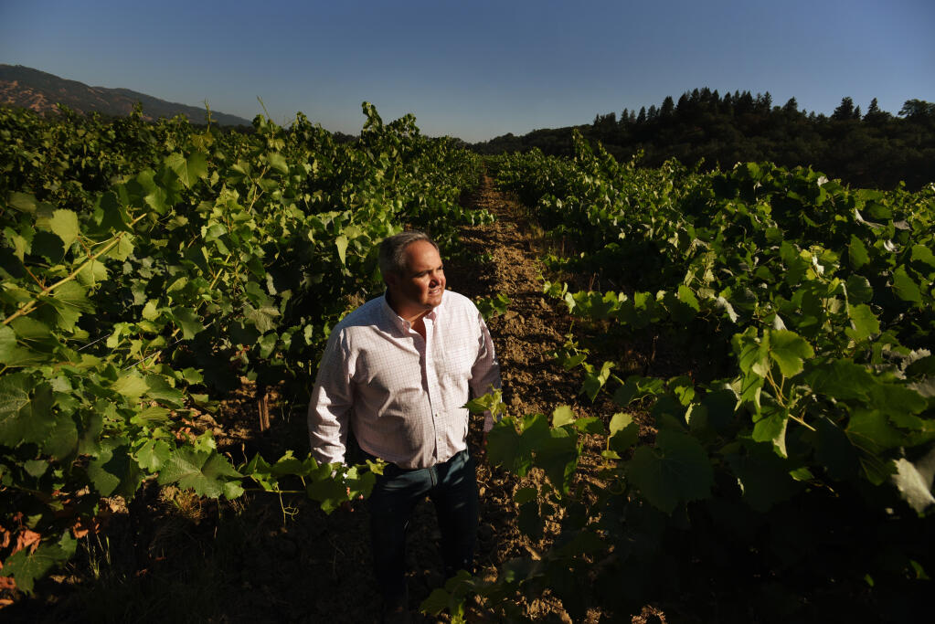 Noble Vineyard Managment CEO Tyler Rodrigue in the Mendocino County Haiku Vineyard in Talmage Calif. on Thursday, July 1, 2021. (Photo: Erik Castro/for The Press Democrat)