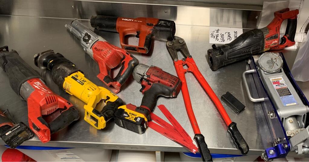 Two men were arrested after Healdsburg police officers found multiple tools used for burglaries in their vehicle during a traffic stop, Tuesday, April 4, 2023, authorities said. (Healdsburg Police Department)