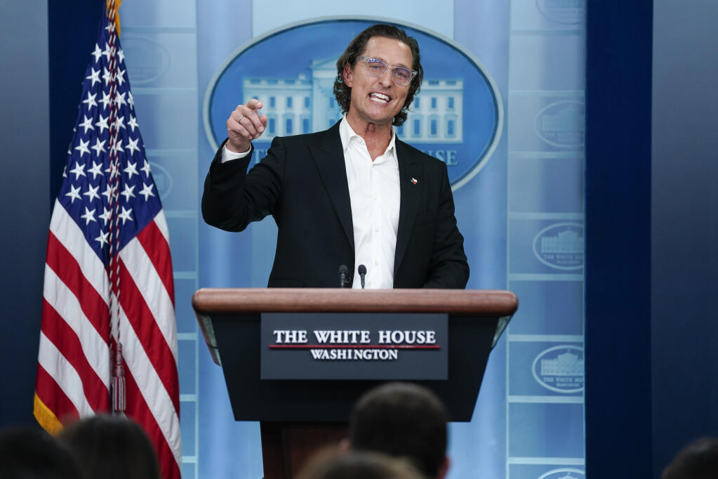 Matthew McConaughey, a native of Uvalde, Texas, talks about the mass shooting in Uvalde, as he joins White House press secretary Karine Jean-Pierre for the daily briefing at the White House in Washington, Tuesday, June 7, 2022. (AP Photo/Evan Vucci)