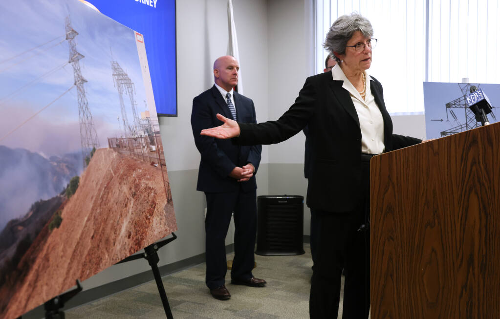 Sonoma County District Attorney Jill Ravitch speaks at a press conference about PG&E's settlement for its role in the 2019 Kincade fire in Santa Rosa on Monday, April 11, 2022.  (Christopher Chung/ The Press Democrat)