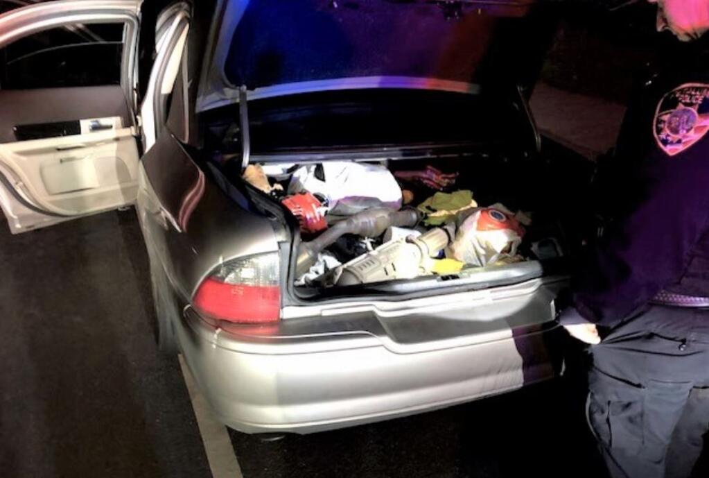 Petaluma police recovered two stolen catalytic converters and arrested four people in connection with stealing them early Monday, Feb. 22, 2021. (Petaluma Police Department)