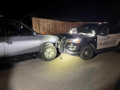 A man suspected of crashing into a Petaluma police vehicle was arrested Sunday. (Petaluma Police Department / Facebook)