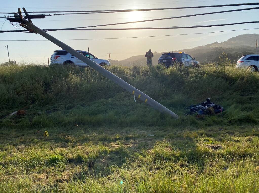 A motorcyclist died on Sunday, April 24, 2022, after he crashed into a telephone pole and was thrown about 200 feet from his bike, police said. (Santa Rosa Police Department/Facebook)