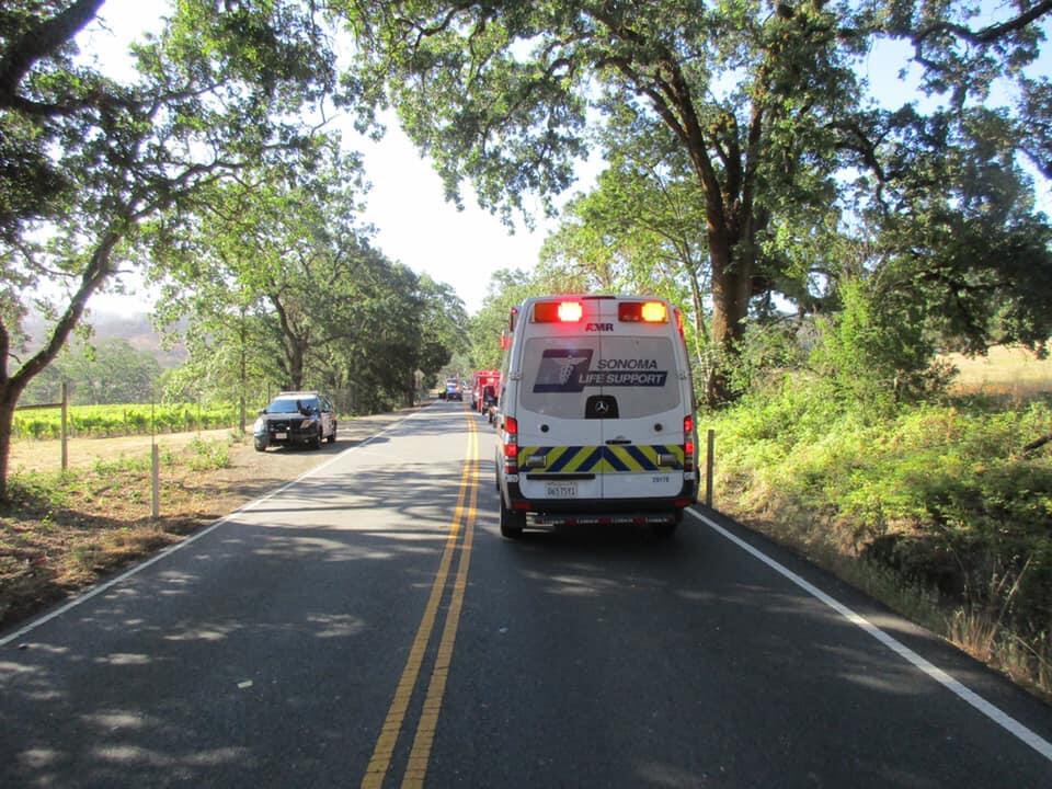 Emergency crews at the scene of the fatal crash on Calistoga Road, Tuesday, June 8, 2021. (CHP - Santa Rosa / Facebook)