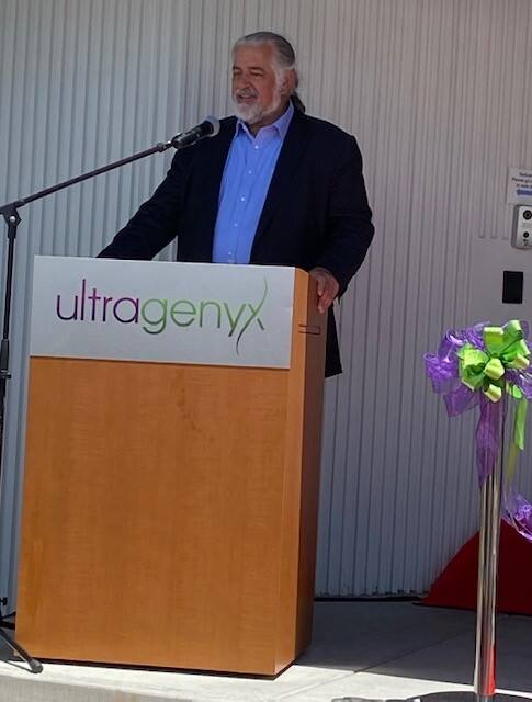 Emil Kakkis, founder and CEO of Novato-based Ultragenyx, speaks at the company’s ribbon-cutting and lab-tour event on June 9, 2022. (Cheryl Sarfaty / The North Bay Business Journal)