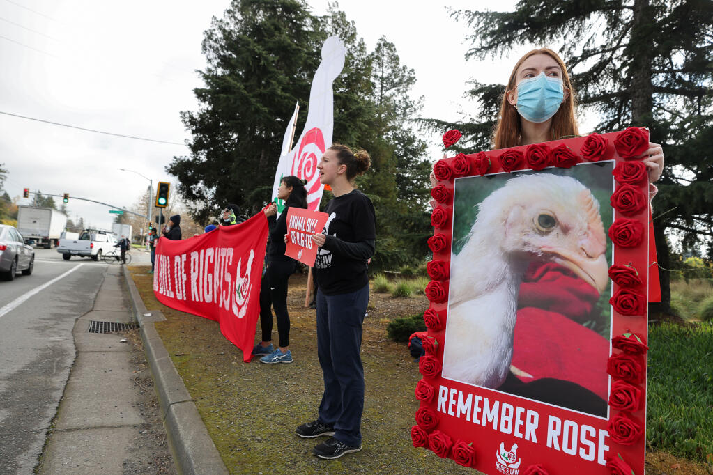 Cassie King and other activists with Direct Action Everywhere hold a Rose's Law Animal Bill of Rights vigil and protest near a poultry processing plant along Lakeville Highway in Petaluma on Tuesday, December 7, 2021. in Petaluma on Tuesday, December 7, 2021.  (Christopher Chung/ The Press Democrat)