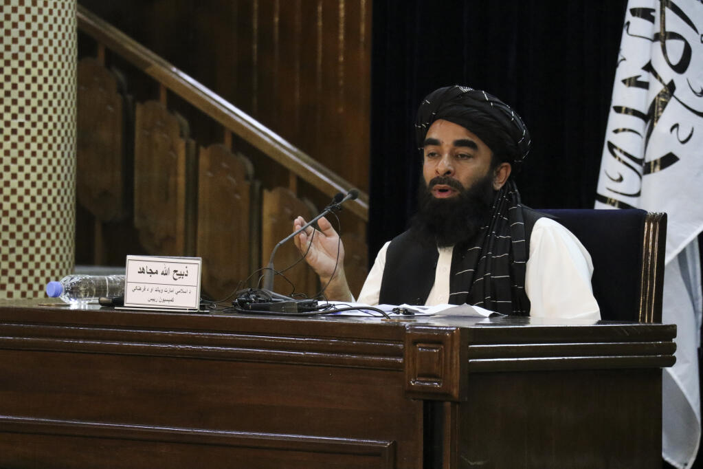 Taliban spokesman Zabihullah Mujahid speaks during a press conference in Kabul, Afghanistan Monday, Sept. 6, 2021.(AP Photo/Muhammad Farooq)