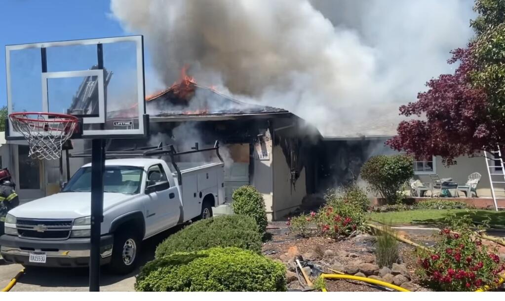 A screenshot from video of the house fire on Fenwick Drive in Santa Rosa, Tuesday, May 16, 2023. (Santa Rosa Fire Department)
