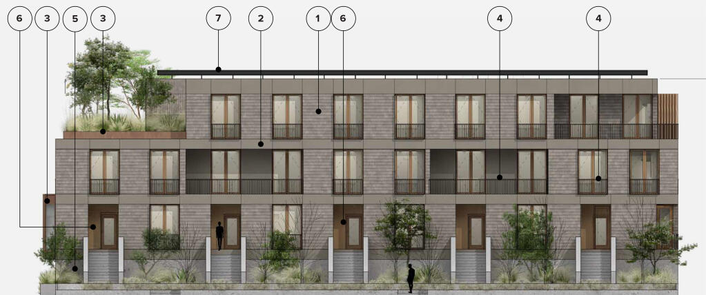 This architectural rendering shows Redwood Building A with some of the 154 condominiums approved May 2, 2023, by the Napa City Council to be building on the 8.6-acre former Napa County Health and Human Services campus at 2344 Old Sonoma Road, Napa. (Project M+ / Courtesy: City of Napa)