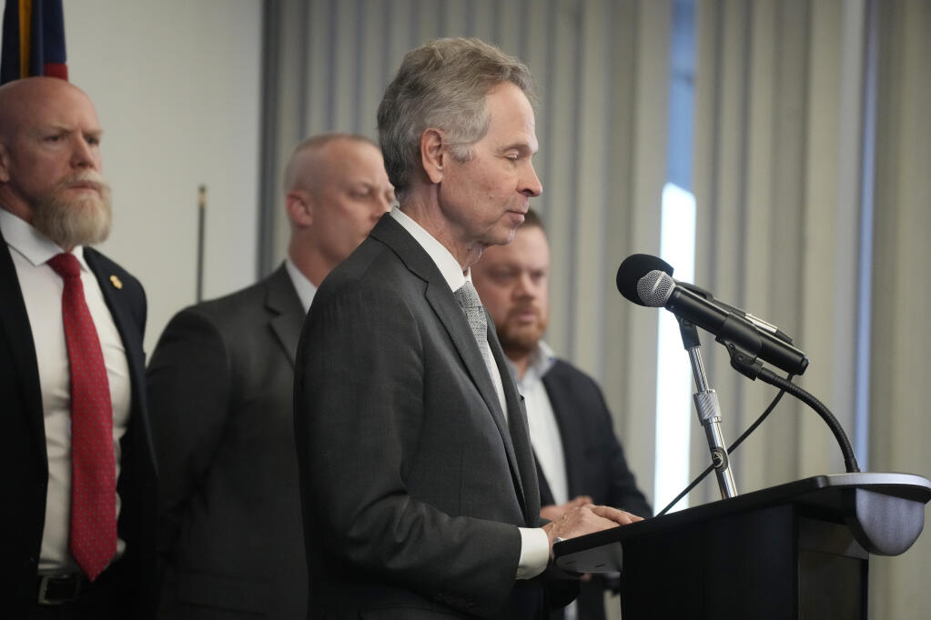United States Attorney Cole Finnegan speaks during a news conference about the weekend mass shooting at a gay bar, Monday, Nov. 21, 2022, in Colorado Springs, Colo. (AP Photo/David Zalubowski)