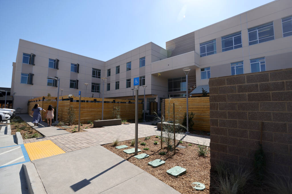 The northern entrance of the newly built Caritas Center features two separate courtyards Wednesday, Sept. 7, 2022, in Santa Rosa. (Beth Schlanker/The Press Democrat)