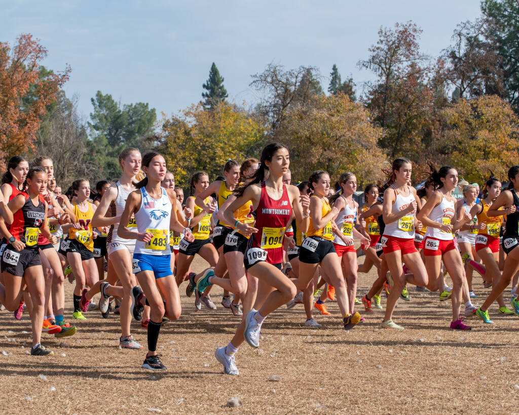 Montgomery's Hanne Thomsen pushing the pace at the start of the Girls Div. III race at the CIF State Cross Country championships in 2022.