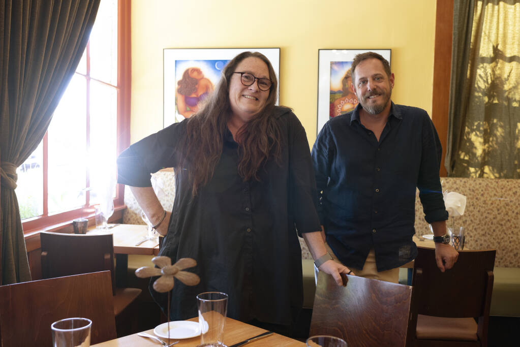 The girl & the fig founder Sondra Bernstein with President/COO John Toulze in the dining room at their restaurant in Sonoma, Calif., on Wednesday, August 10, 2022. (Erik Castro / For The Press Democrat)