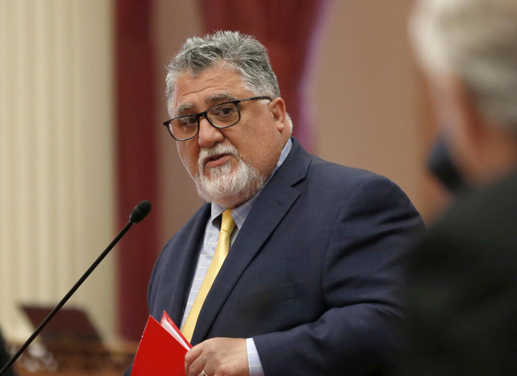 FILE - In this Sept. 10, 2019, file photo, state Sen. Anthony Portantino, D-La Canada Flintridge, addresses the Senate in Sacramento, Calif. California lawmakers on Wednesday, July 29, 2020, are considering several bills spurred by the coronavirus, including one designed to aid food sector employees and another to stockpile personal protective equipment so the state isn't caught short again. The bill by Sen. Portantino would expand paid sick leave for food sector workers, including farm workers, so that people who are sick don't come to work. (AP Photo/Rich Pedroncelli, File)