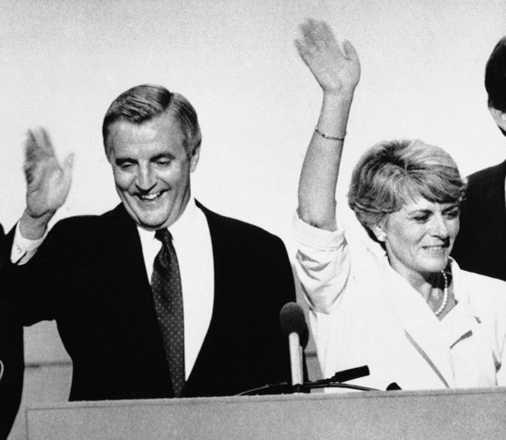 Democratic presidential nominee Walter Mondale and running mate Geraldine Ferraro wave to the floor at the conclusion of the final session of the 1984 Democratic National Convention in San Francisco, July 19, 1984. (AP Photo)