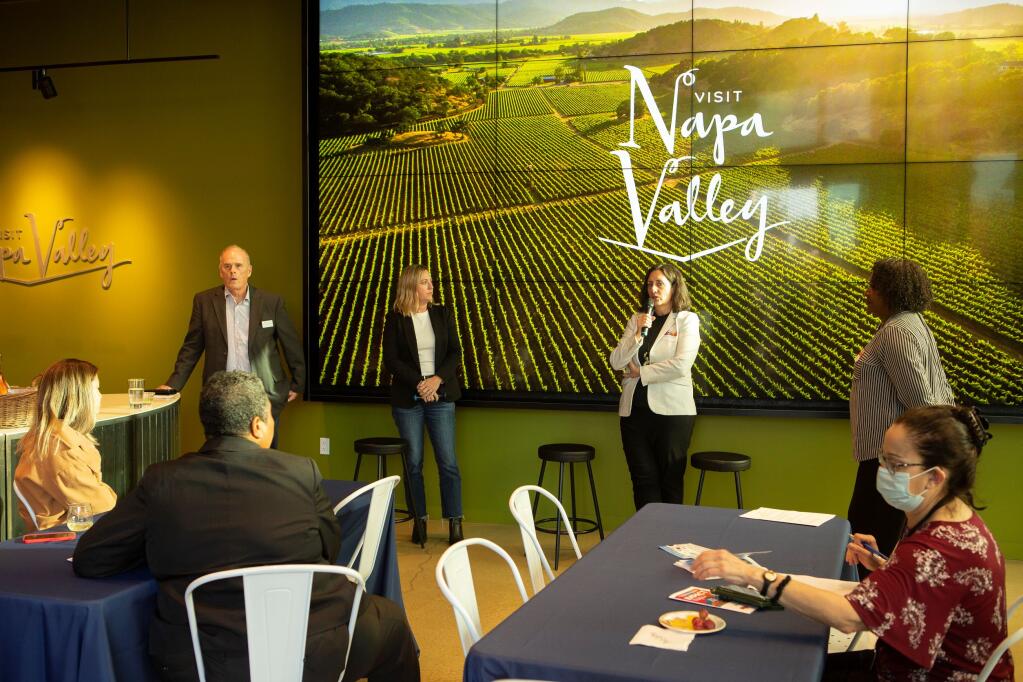 Visit Napa Valley CEO Linsey Gallagher, third from left, speaks at North Bay Business Journal’s Impact Napa conference in Napa on Thursday, Oct. 13, 2022. (Charlie Gesell / for North Bay Business Journal)