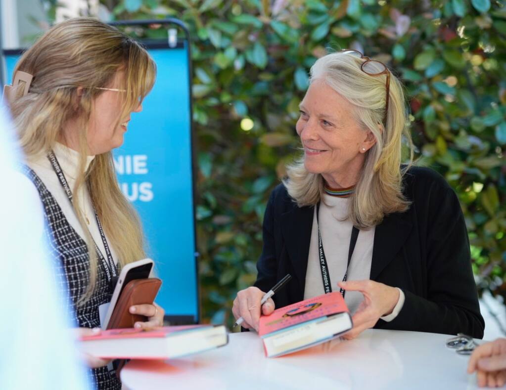 Bonnie Garmus, author of the News York Times Bestseller “Lessons in Chemistry,” signs copies of her book at the 2023 Sonoma Valley Authors Festival. (Photo by Bob Stender)
