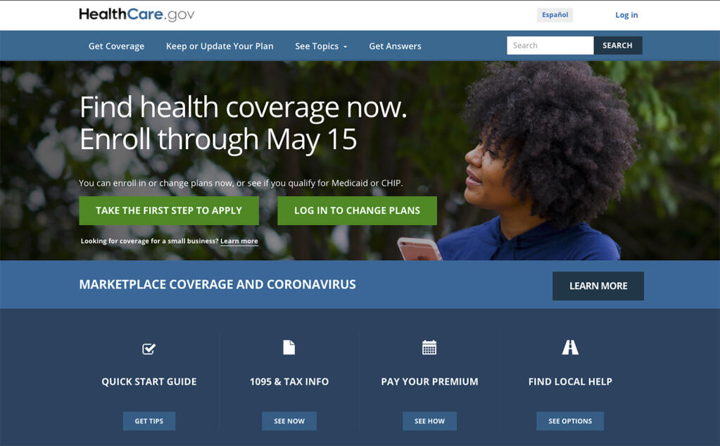 FILE - In this Feb. 15, 2021, file image shows the main page of the HealthCare.gov website. More than a half million Americans have taken advantage of the Biden administration's special health insurance sign-up window keyed to the COVID-19 pandemic, the government announced Wednesday in anticipation that even more consumers will gain coverage in the coming months. (HealthCare.gov via AP)