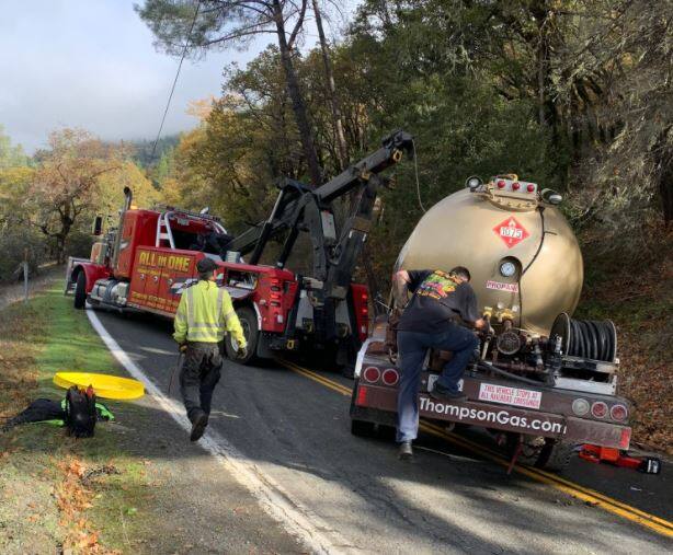 An overturned propane tank was cleared from Highway 162 in Mendocino County on Thursday, Nov. 11, 2021. (Caltrans District 1)