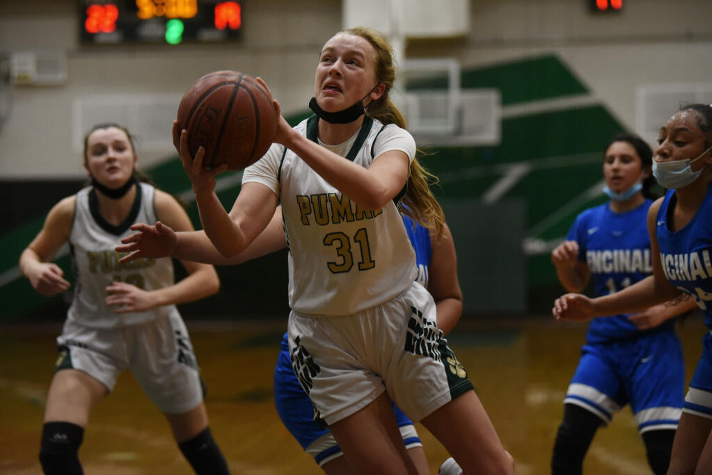 Leyna Gorauskas of Maria Carrillo going for two points during their NCS playoff game against Encinal High School held at Maria Carrillo High School in Santa Rosa on Tuesday, Feb. 15, 2022. (Erik Castro / for The Press  Democrat)