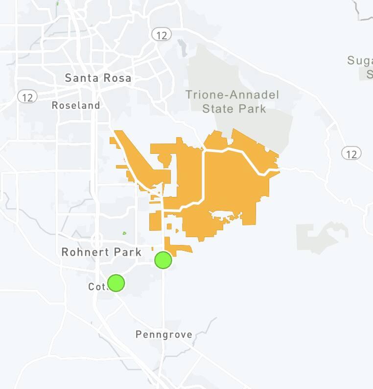 A map from Pacific Gas & Electric Co. shows an area experiencing a power outage on the outskirts of Rohnert Park and Santa Rosa, Tuesday, Sept. 6, 2022.