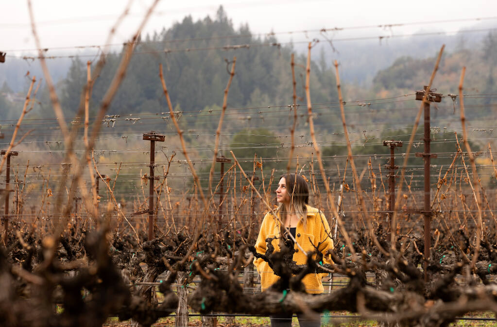 Kara Groom, owner of Kara Marie Wines, sources many of her grapes from the Dry Creek Valley near her home, Thursday, Dec. 8, 2022. (John Burgess/The Press Democrat)