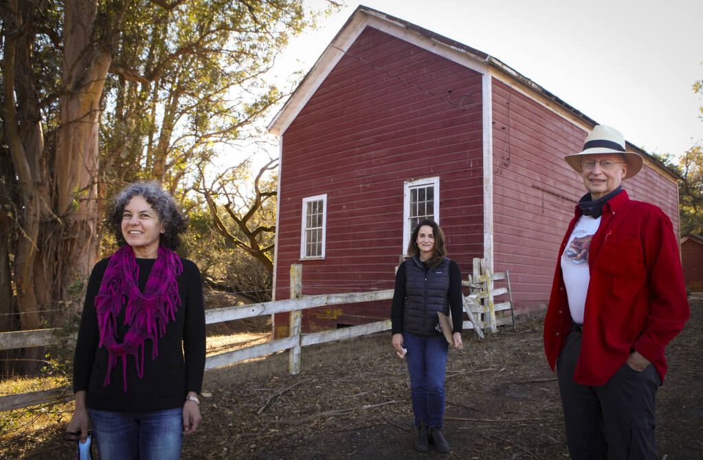 Greg Colvin (right), the director of the Extend Putnam Park organization meets with environmental attorney Tamara Galanter (left) and landscape architect, Maggie Jensen at the historic Scott Ranch on D Street and Windsor. Most of the Scott Ranch property would remain open space under the expansion plans and include rehabilitating the three red barns into an interpretive center, an amphitheater, livestock demonstration areas and playground. Photo taken on Monday, December 07, 2020. (CRISSY PASCUAL/ARGUS-COURIER STAFF)