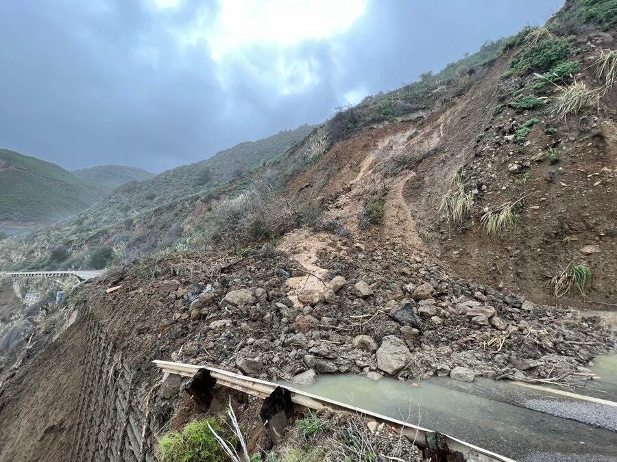 Highway 1 along Big Sur remains closed and a new rock slide was reported just south of Mill Creek in Monterey County Jan. 15, 2022.. (Caltrans/Twitter)