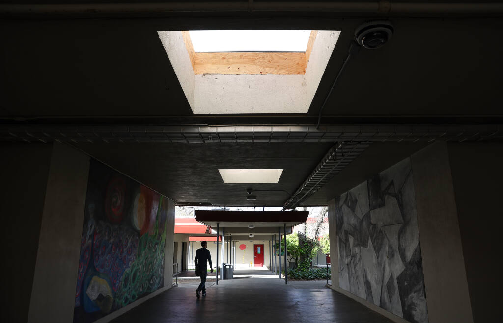 Skylights remain unfinished after their installation at Montgomery High School in Santa Rosa on Wednesday, Feb. 22, 2023. (Christopher Chung/The Press Democrat)