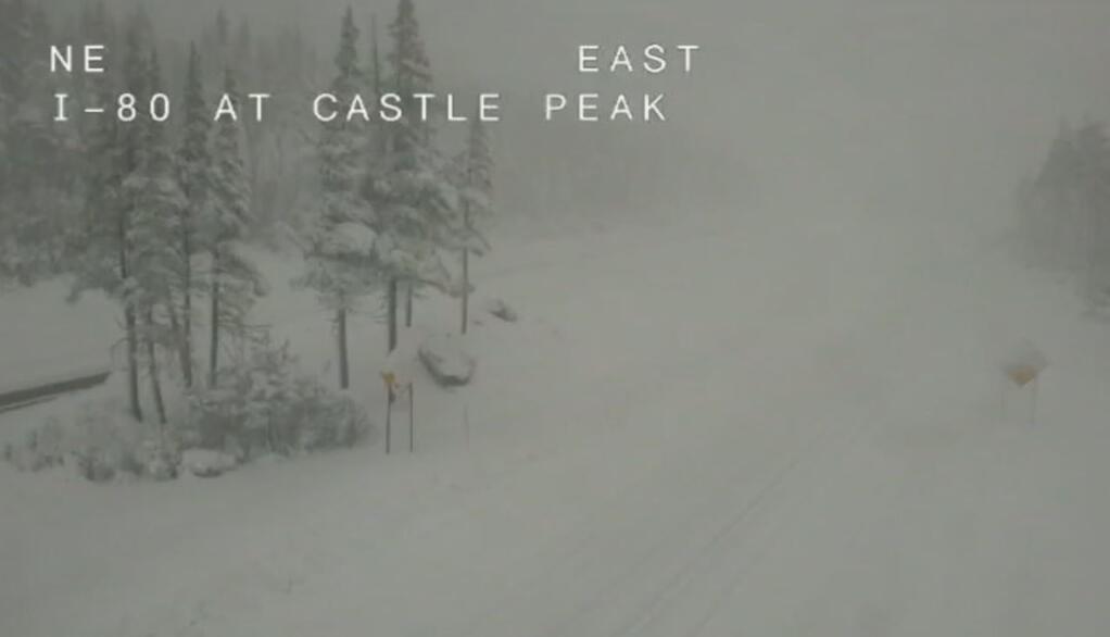 Snow on I-80 at Castle Peak, Monday, Oct. 25, 20221. (CHP Truckee / Twitter)