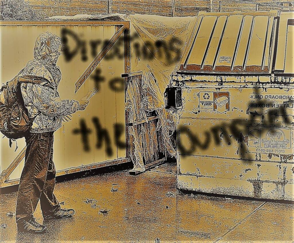 Cover art for the novel, illustrating the centrality of dumpsters in the lives of many homeless folks.