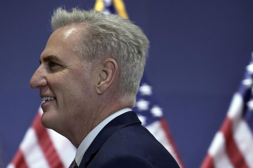 House Minority Leader Kevin McCarthy, R-Calif., arrives as Republicans hold their leadership candidate forum on Capitol Hill, in Washington, Monday, Nov. 14, 2022. (AP Photo/Mariam Zuhaib)
