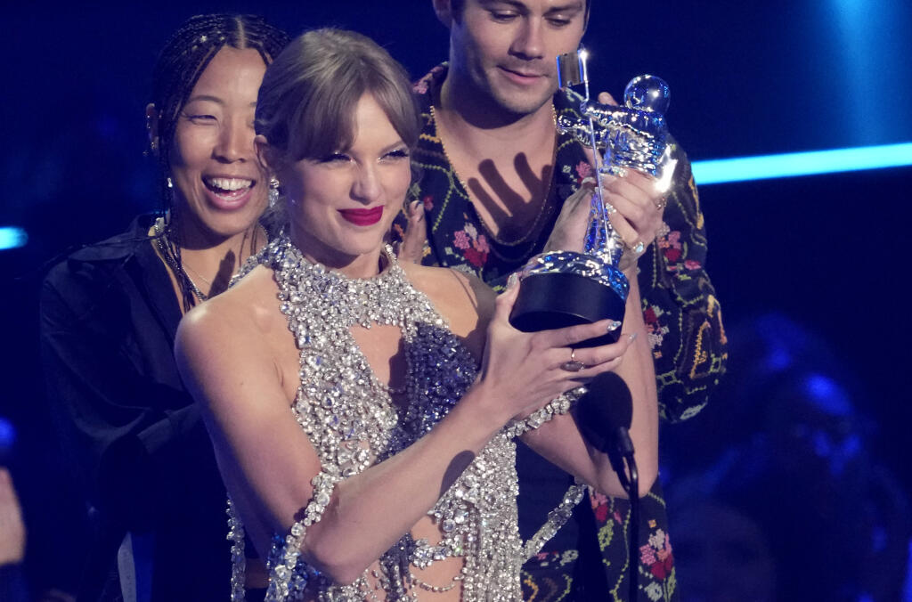 Taylor Swift accepts the award for best longform video for "All Too Well (10 Minute Version) (Taylor's Version)" at the MTV Video Music Awards at the Prudential Center on Sunday, Aug. 28, 2022, in Newark, N.J. (Photo by Charles Sykes/Invision/AP)