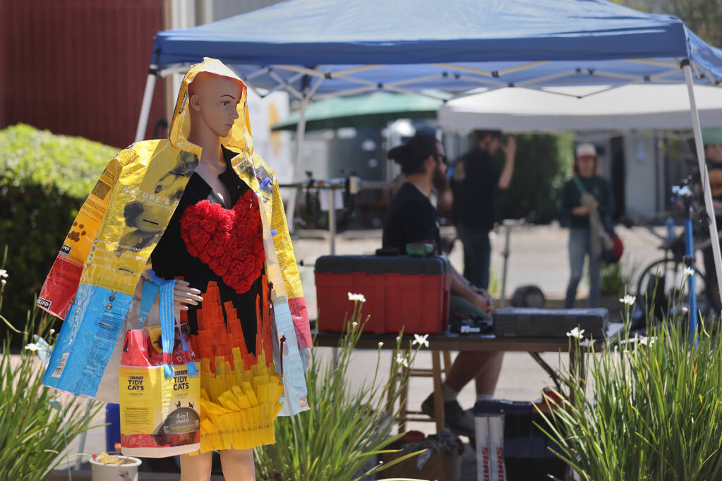 An outfit made from trash on display Saturday during the free Fix-It Clinic and Reuse Fair in Santa Rosa, hosted by Zero Waste Sonoma. (Beth Schlanker / The Press Democrat)