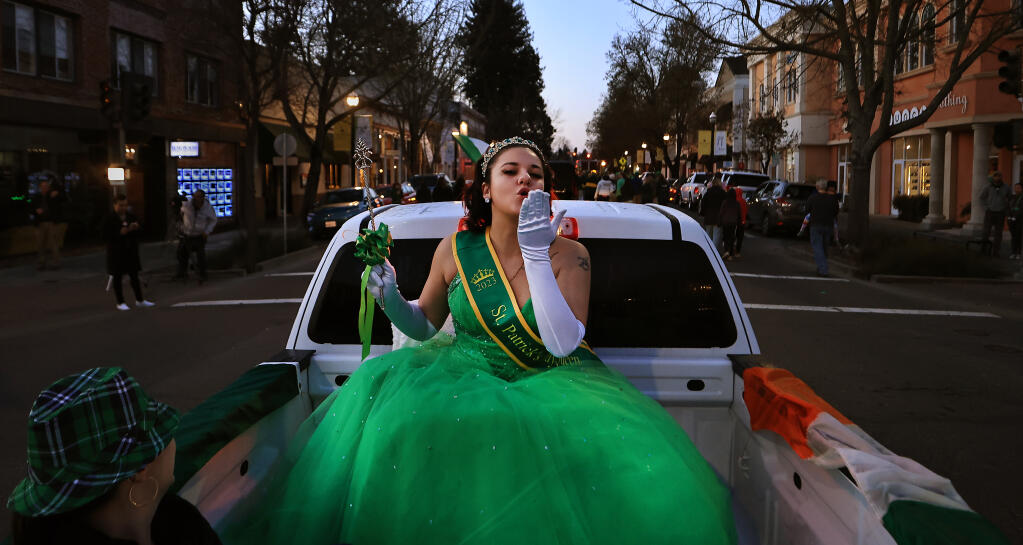 Bella Gaboury of Sebasotpol takes the throne as Healdsburg’s St. Patrick’s Day Parade queen, Friday, March 17, 2023. (Kent Porter / The Press Democrat)
