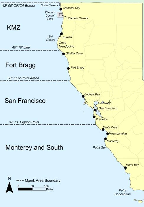 RECREATIONAL fishing season for salmon in the ocean is predicted to open April 2 in the two southern areas on the chart (San Francisco and Monterery and South). The two areas further north (Fort Bragg and KMZ) will not be determined until the Pacific Fishery Management Council meets again in April. (CDFW)