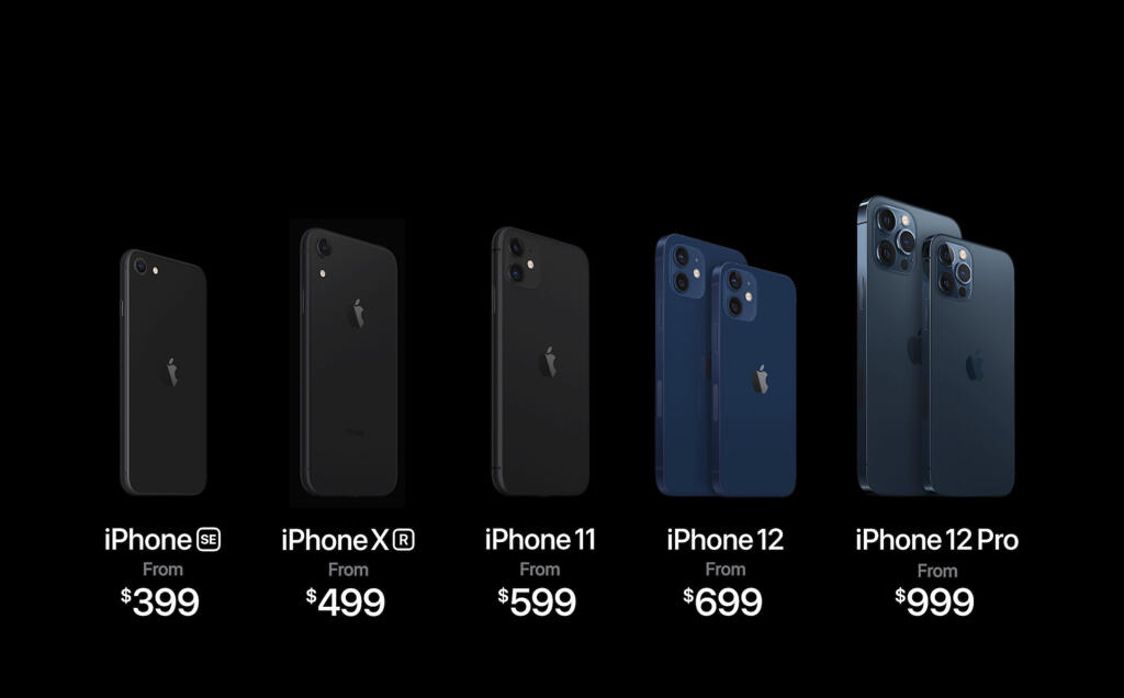 This image provided by Apple shows models of new iPhones, along with the iPhone 11 at center, showing prices, which Apple unveiled Tuesday, Oct. 13, 2020. The iPhone models unveiled will launch at different times. The iPhone 12 and 12 Pro will be available starting Oct. 23; the Mini and the Pro Max will follow on Nov. 13. (Apple via AP)