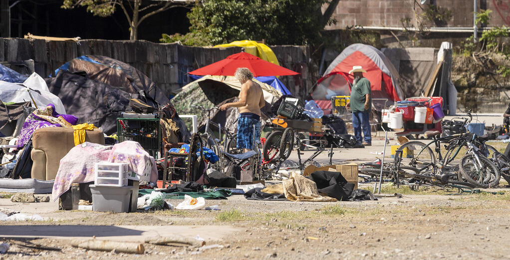 A homeless encampment on Roberts Avenue in Santa Rosa,  Thursday, April 7, 2022.  (John Burgess / The Press Democrat file)