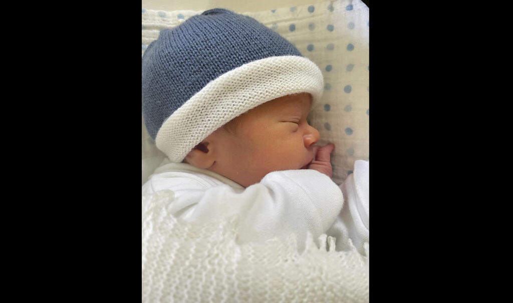 This is an undated photo released by Buckingham Palace on Monday, June 5, 2023 of Ernest George Ronnie Brooksbank. Buckingham Palace says Princess Eugenie has given birth to a baby boy. Eugenie, the niece of King Charles III, and her husband, Jack Brooksbank, welcomed their son, Ernest George Ronnie Brooksbank, on May 30, 2023. The baby, who weighed 7lbs 1oz, is the couple’s second child. The couple’s eldest child, two-year-old August, is now a big brother. (Princess Eugenie/Buckingham Palace via AP)
