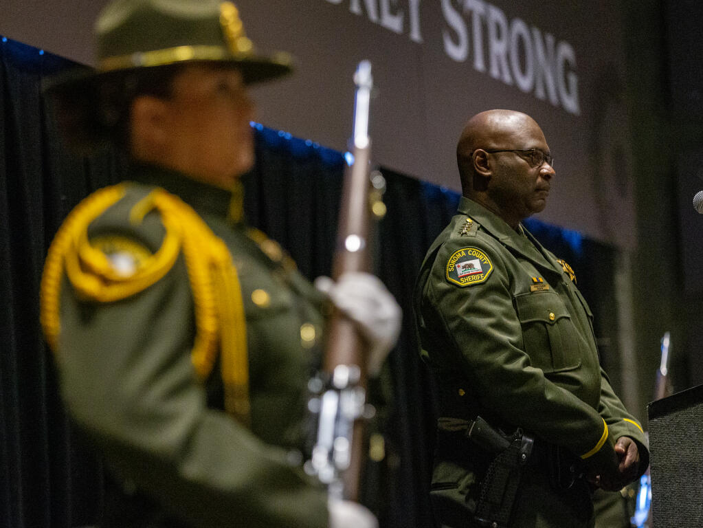 Sheriff Eddie Engram stands before law enforcement and county officials after taking the oath of office in the lobby of the Luther Burbank Center for the Arts Wednesday January 4, 2023. (Chad Surmick / The Press Democrat)