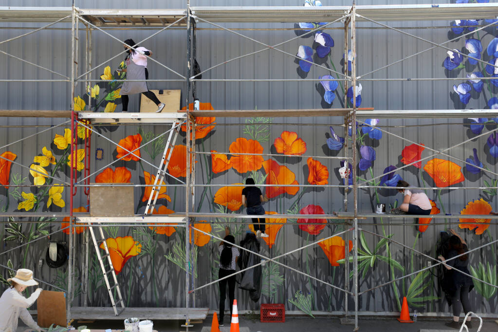 Artstart apprentices and lead artists work to install a wildflower themed mural at Recology Sonoma Marin off Standish Avenue in Santa Rosa on Thursday, July 22, 2021. (Beth Schlanker/The Press Democrat)