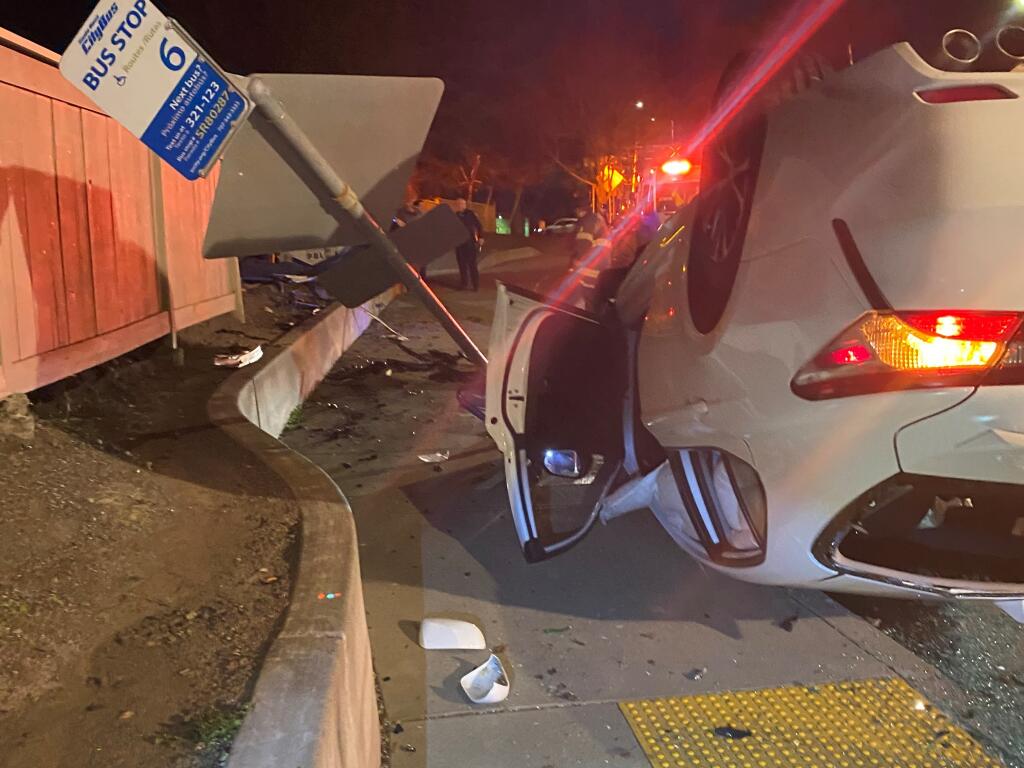 A Santa Rosa woman suspected of a DUI crashed into a metal bus stop Thursday night, Feb. 16, 2023. (Santa Rosa Police Department)