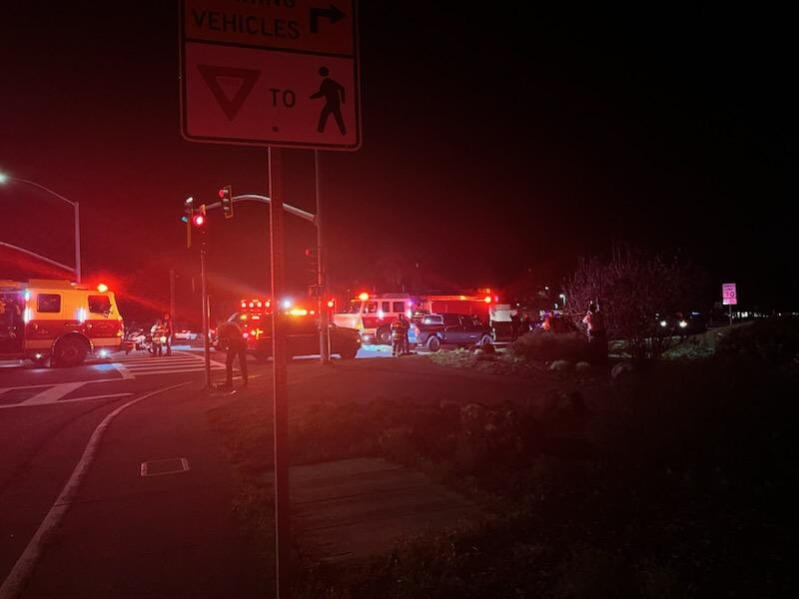 Sonoma Valley Fire respond to a fatal pedestrian crash at the intersection of Verano Avenue and Highway 12 on Monday, Jan. 16, 2023. (Gina Carillo Pomeroy)